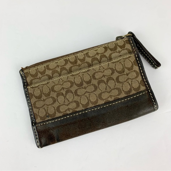 Coach Signature Wallet Coin Brown Canvas Bag Charm Keychain Card - Picture 1 of 3